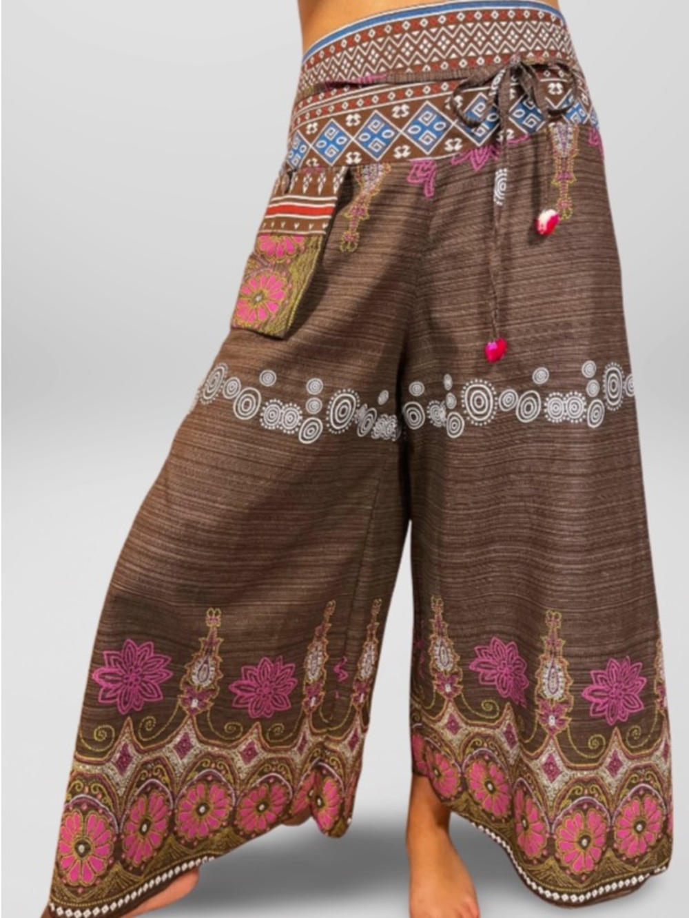 Brown Wide-Leg Embroidered Palazzo Pants - Pink Floral Detail